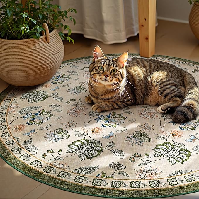 jinchan Elora 6ft Floral Round Rug for Washable Living Room Rug Vintage Romance Christmas Design Non Slip Indoor Floor Cover Lightweight Low-Profile Throw Carpet for Bedroom Patio, Green/Beige