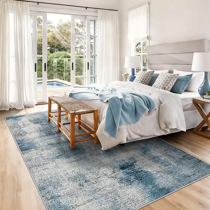 5x7 Area Rugs for Living Room: Washable Rug Modern Abstract Neutral Soft Rugs Non-Slip Low-Pile Indoor Floor Carpet for Bedroom Dining Room Nursery (Blue, 5'x7')