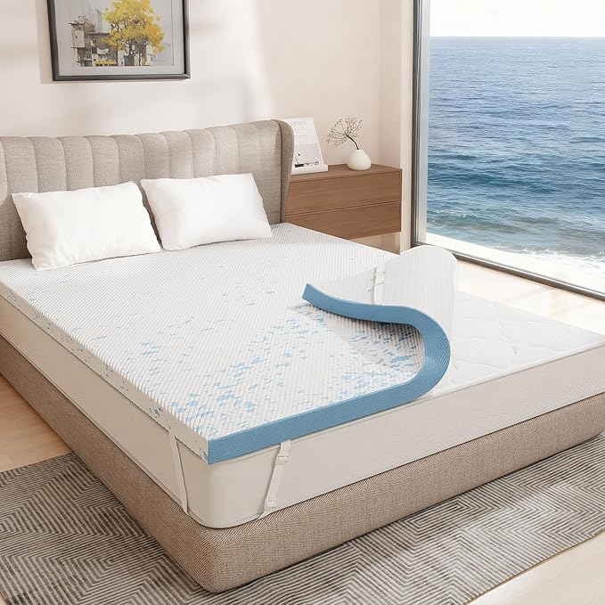 OhGeni 4 Inch Cooling Queen Size Gel Memory Foam Mattress Topper Pad, Washable Bed Cover with Anti-Slip Base &Zipper,Fits 6"-19" Mattresses with Straps,Extra Comfort for Sleep & Back Pain Relief
