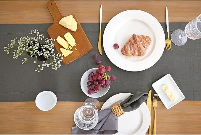 Solino Home Linen Steel Gray Table Runner 120 Inches Long - 100% Pure Linen Hemstitch 14 x 120 Inch Table Runner for Dining - Classic Hemstitch