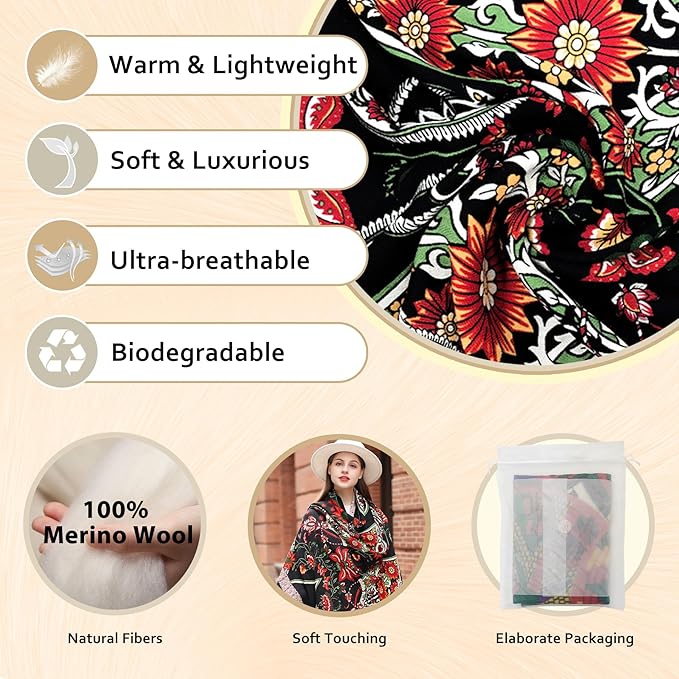 DANA XU 100% Merino Wool Pashmina Shawl for Women 96"x43", Oversized Cashmere Wrap with Tassels, Floral Travel Blanket Cape