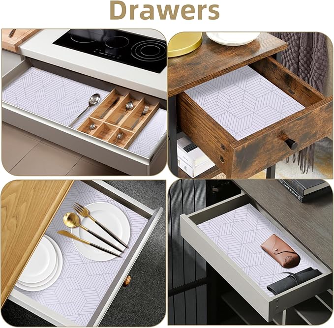 Shelf Liners for Kitchen Cabinets Non Adhesive Shelf Liner Paper Non-Slip Thickened Drawer Liner Easy to Clean for Tool Box Refrigerator with Knife and Tape Measure, Silver Geometric, 11.8 x 118 in
