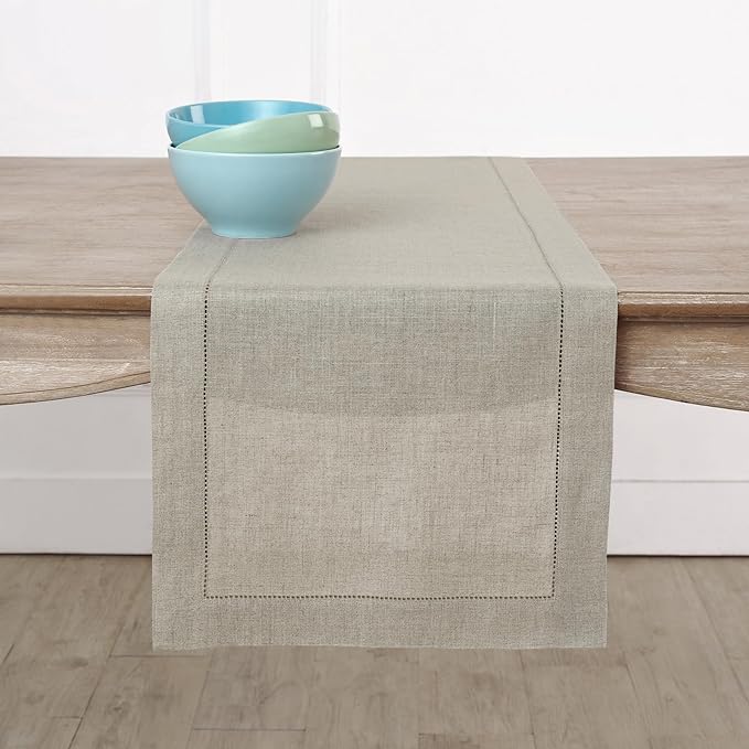 Solino Home Linen Natural Table Runner 144 Inches Long - 100% Pure Linen Extra Long Table Runner 14 x 144 Inch for Christmas, New Year - Classic Hemstitch