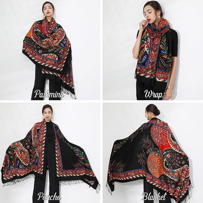 DANA XU 100% Merino Wool Pashmina Shawl for Women 96"x43", Oversized Cashmere Wrap with Tassels, Floral Travel Blanket Cape