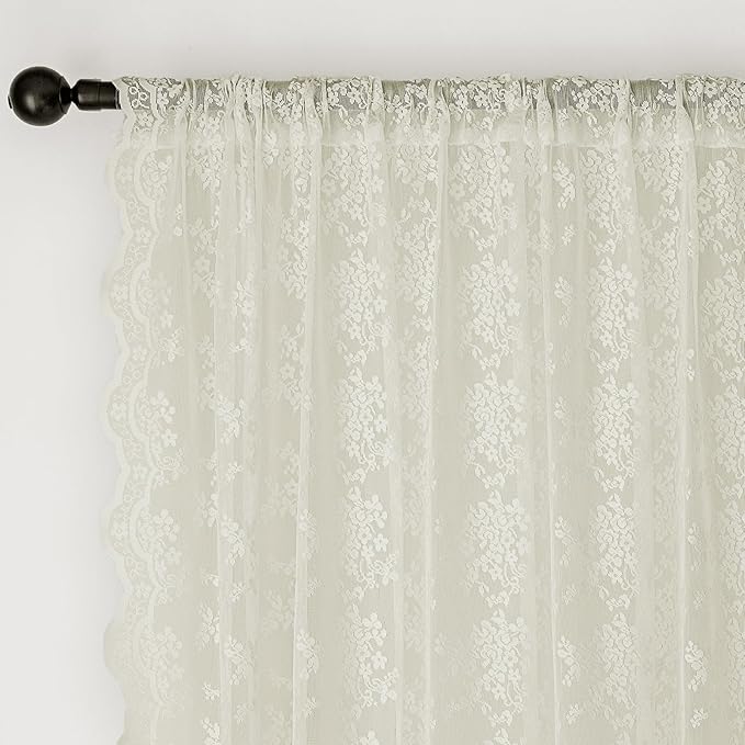 Anmao Vintage Lace Kitchen Curtains 36 Inches Long 2 Panels, Romantic Semi Sheer Floral Over Sink Lacy Cafe Curtain, Elegant Window Short Small Drapes, 55W x 36L, Ivory