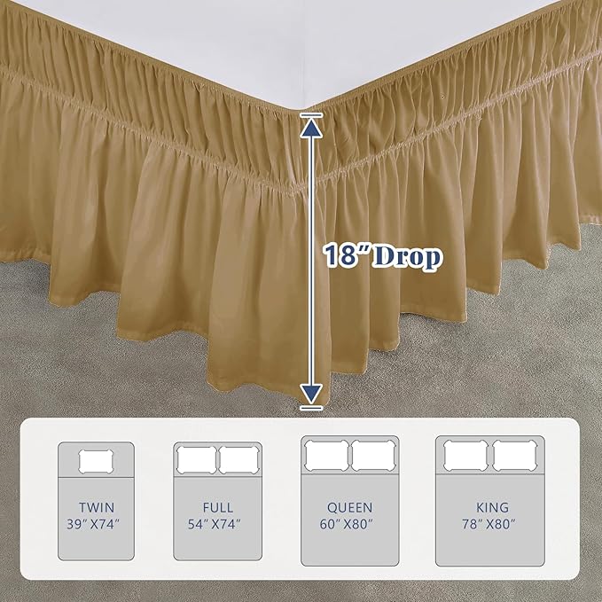 King Bed Skirt, Elastic Wrap Around Bed Skirt King Size, Bed Skirts for Adjustable Bed, Easy Fit with 18" Drop Length Tailored Drop Dust Ruffle (Beige)
