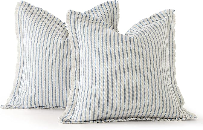 MIULEE Pack of 2 Light Blue Pillow Covers 18x18 Inch Striped Farmhouse Couch Spring Throw Pillow Covers with Fringe Chic Cotton Decorative Cushion Covers for Sofa Living Room Bed Outdoor Home Decor