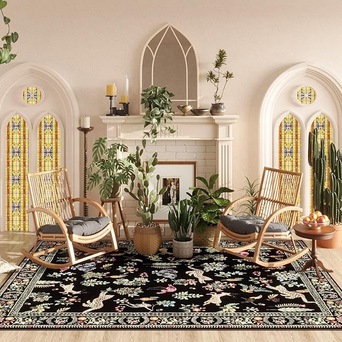 Rugcomf Area Rugs 8x10 Rug for Living Room Clearance Washable Boho Area Rug Non Slip Floral Animal Vintage Low Pile Large Rug for Living Room, Bedroom, Farmhouse, Dining Room, Kids Playroom (Black)