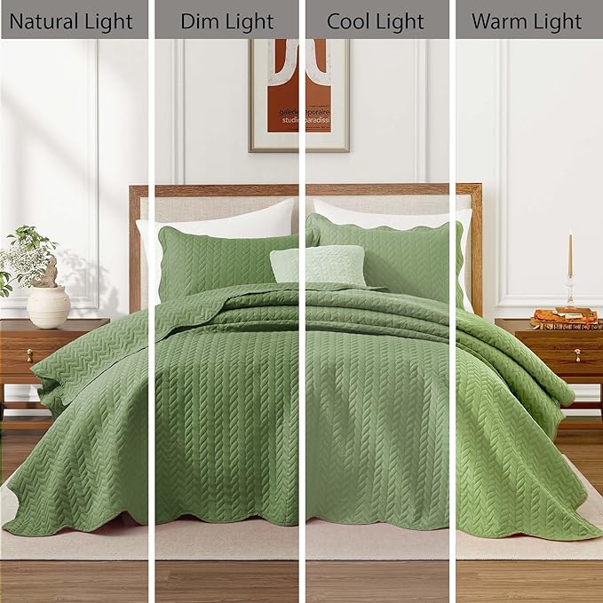 IR Imperial Rooms King Quilt Bedding Set Size (106" x 96") + 2 Pillow Shams (20" x 36"+ 2") - 3 Pcs All Season Lightweight Reversible Microfiber Coverlet Embossed Quilt Bedspread (Olive Green)