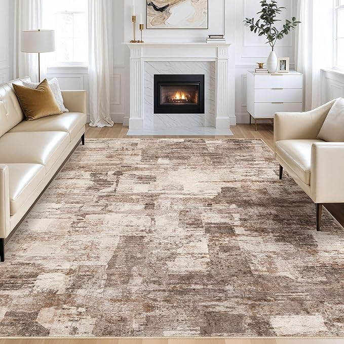 Abstract Living Room Rug 8x10 - Modern Washable Soft Thin Area Rug for Living Room Bedroom Under Dining Table - Neutral Indoor Floor Rug Carpets for Home Office Playroom Nursery - Brown