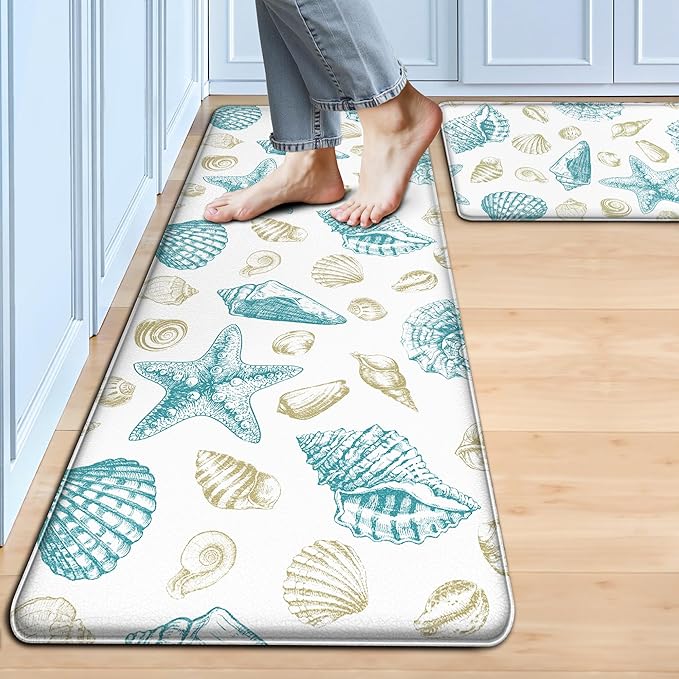Kitchen Mats for Floor Cushioned Anti Fatigue Sets of 2 Beach Theme Kitchen Rugs Non Slip Waterproof Coastal Foam Kitchen Floor Rug Nautical Seashell Comfort Standing Mat for Sink Laundry, Teal