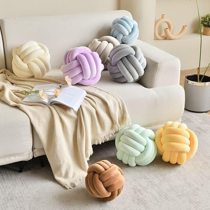 Decorative Throw Knot Pillow Ball for Home Chair Sofa Couch Bed Aesthetic Round Velvet Knotted Pillow Cushion (Purple, 8 inches)