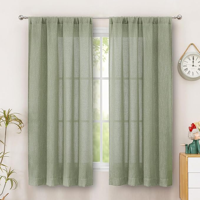 Simplebrand Sage Green Faux Linen Textured Curtains 63 Inch Length 2 Panels for Bedroom, Semi Sheer Light Filtering Privacy Farmhouse Curtains, Soft Thick Rod Pocket Window Drapes, 40W x 63L Inch