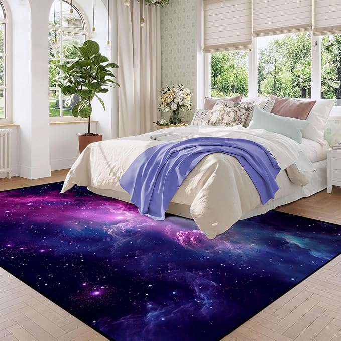 6' x 9' Purple Galaxy Rug Space Rugs Colorful Throw Rug Non-Slip Sun and Cloud Carpet Doormats for Living Room Bedroom Apartment Dorm Floor Mat