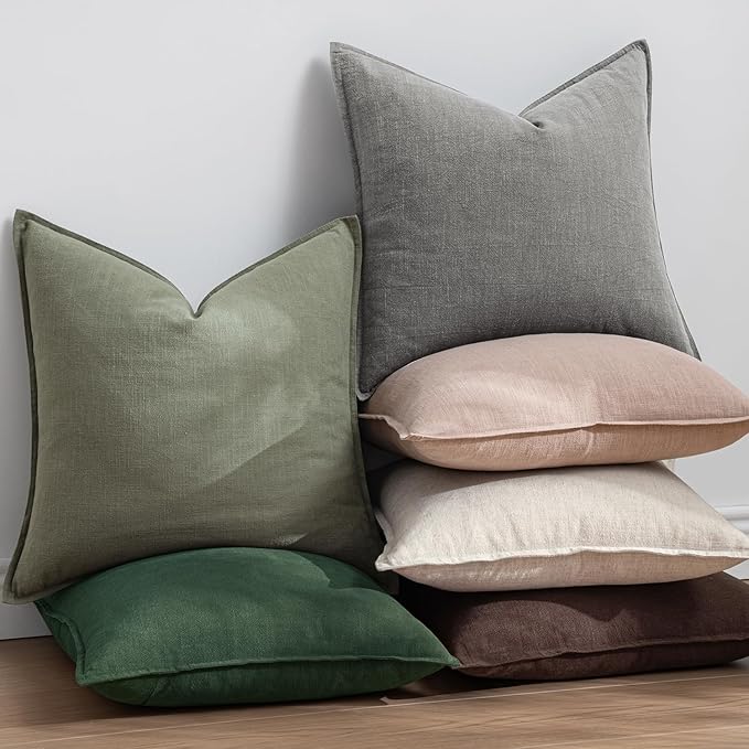 EMEMA Throw Pillow Covers Decorative Linen Pillow Covers 22x22 Inch Light Olive Green Boho Farmhouse Neutral Couch Throw Pillows for Bed Pack of 2 Accent Pillowcase Modern Sofa Cushion Livingroom Home