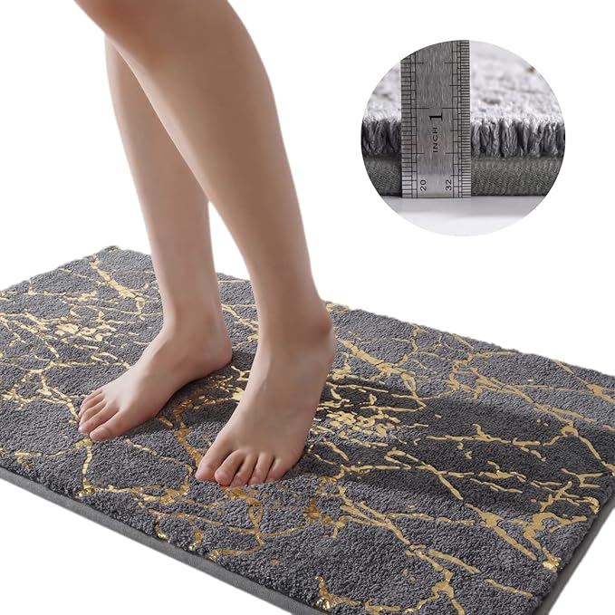 QJHOMO Marble Bathroom Runner Rug Gold Decor Long Bathroom Rugs Gray Bath Mat Non Slip Super Absorbent Bathmat Machine Washable Floor Carpet for Tub, Shower, Bedroom (24x48 inch)