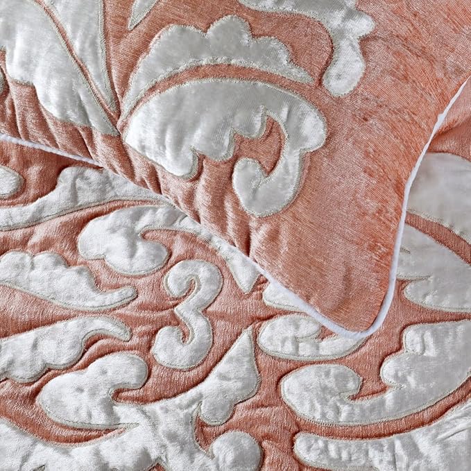 The HomeCentric Decorative Peach & Ivory King 90 x 18 inch Bed Runner with 2 Pillow Cover, Velvet Applique Bed Scarf, Abstract Modern - Peach Elegance