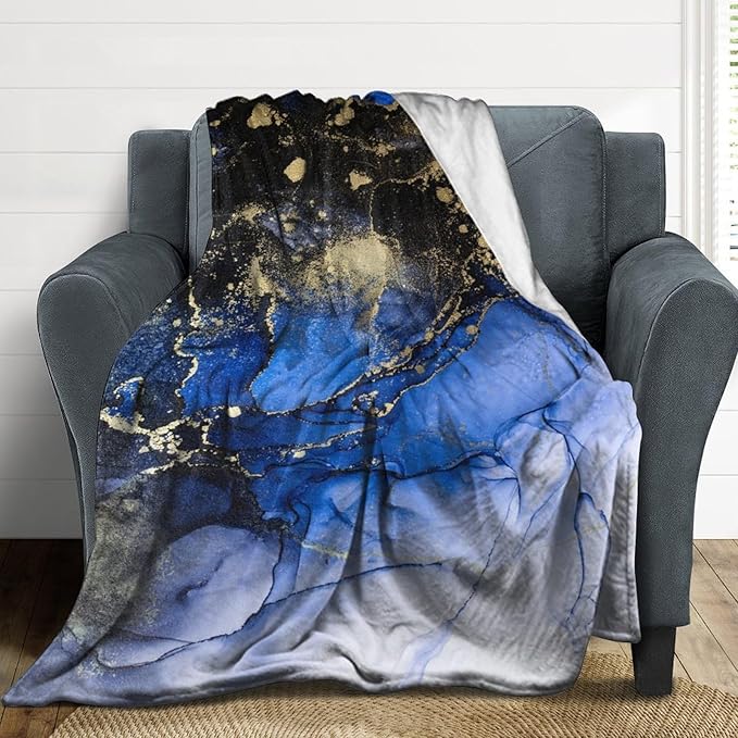 Modern Marble Blanket, Abstract Luxury Baroque Golden Dark Blue Stone Veins Pattern Soft Warm Cozy Plush Flannel Covers for Livingroom Bedroom Couch Chair Camping Travel Home Decor Tapestry 30x40in