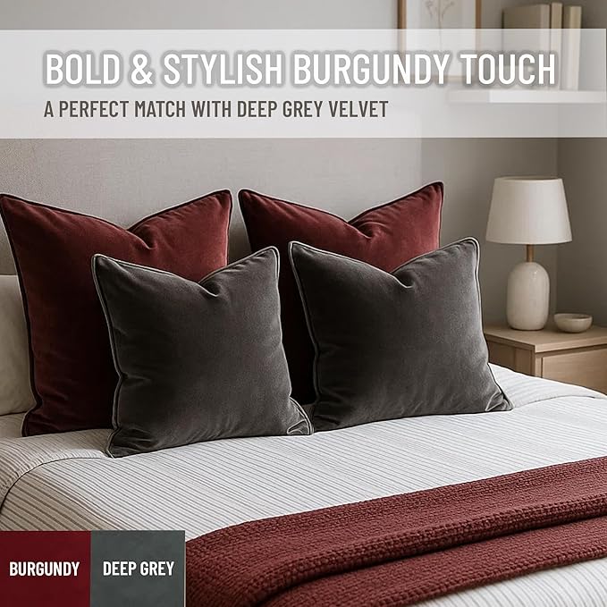 2 Pack Velvet Decorative Throw Pillow Covers, 12"x20", Deep Grey, Solid, Modern, Contrast Piping, Indoor Use, Bedroom & Living Room