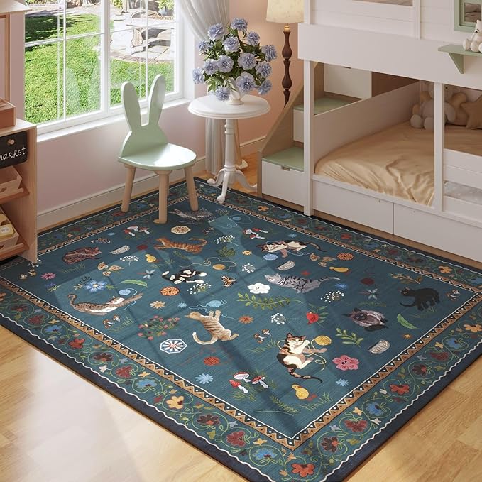 Rugcomf Area Rug 4x6 Rug Washable Boho Rugs Non Slip Low Pile Floral Animal Cat Small Carpet for Bedroom Bedside Kids Room Office Dining Room, Pearl Gentian Blue