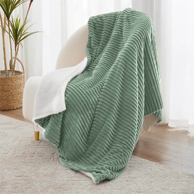 Sherpa Throw Blanket for Couch - Super Soft & Thick, Green Throw Blanket, Warm Blankets for Winter, Fluffy Blanket for Sofa Bed, Striped Fleece, Sage, 50"x60"