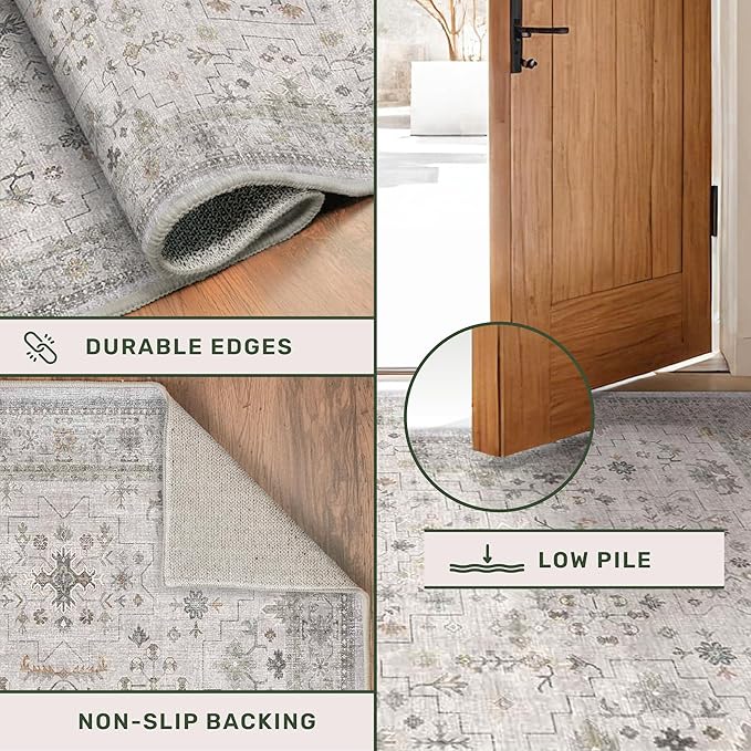 Light Grey 3x6 Large Boho Bathroom Rug - Modern Vintage Eclectic Floral Pastel Neutral Taupe, Washable Low Pile Non-Slip Area Rugs for Entryway, Kitchen, Bedroom Beside Bed