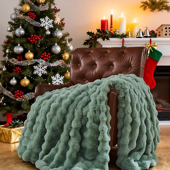 Lotus Karen Faux Fur Throw Blanket Sage Green - Big Bubble Rabbit Fluff Blanket for Couch Bed Sofa,Softest Fluffy Fuzzy Cozy Blanket,Plush Thick Furry Shaggy Warm Blankets for Women,60x80 Inches