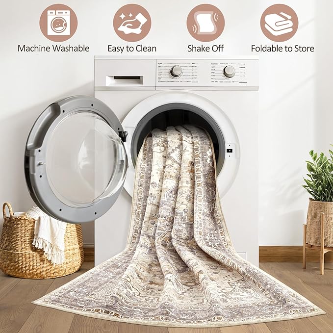 6x8 Area Rug Living Room: Washable Boho Large Neutral Vintage Soft Rugs Stain Resistant Farmhouse Non-Slip Indoor Floor Carpet for Bedroom Nursery Kids Playroom Office Dining Room- Beige Brown