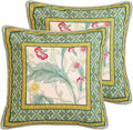 patdrea Designer Pack of 2 Square Throw Pillow Covers,French Vintage Rustic Linen with Green Floral Pattern Pillows Cover,Decorative Pillowcases Cushion for Bed Living Room Outdoor Car,18"x18"