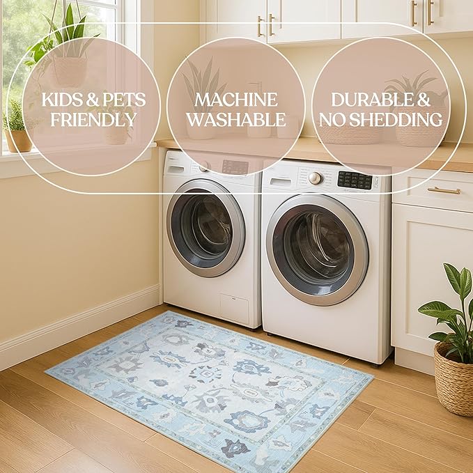 Fame Living Cream Blue Oushak Runner Rug, Modern Runners, Vintage, Turkish, Eclectic, Floral, Pastel, Washable, Long Runner Rugs for Hallway, Kitchen, Living Room, Bedroom, Kitchen, Bathroom, 2'5"x13'