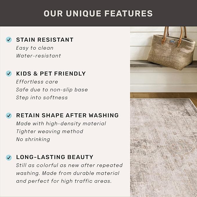 Farmhouse Area Rugs for Living Room - 8x10 Washable Modern Abstract Rug for Bedroom, Dining Room Under Table, Home Office, Soft Washable & Stain Resistance (Beige & Peach)