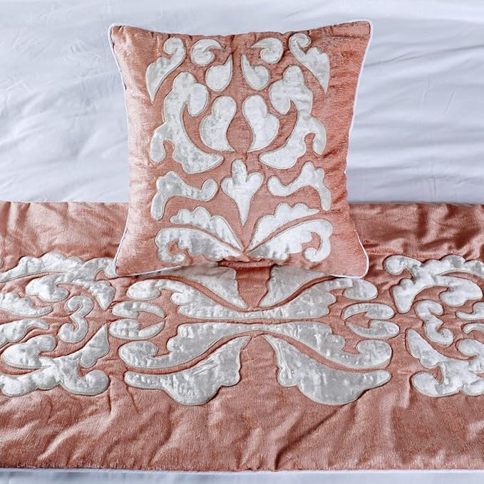 The HomeCentric Handmade Peach & Ivory King 90 x 18 inch Bed Runner Without Pillow Cover, Velvet Applique Bed Scarf, Abstract Modern - Peach Elegance