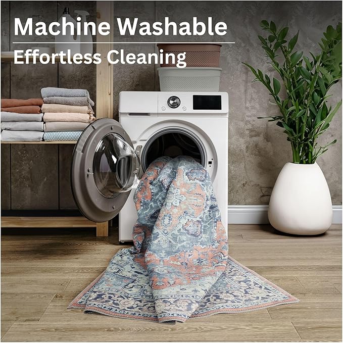 Bloom Rugs Washable Non-Slip 12 ft Runner - Coral/Blue Traditional Medallion Runner for Entryway, Hallway, Bathroom, and Kitchen - Exact Size: 2.5' x 12'