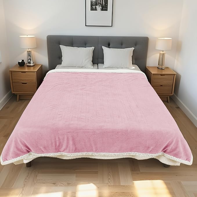 Electric Heated Blanket Throw Size 50"x60" - Dual-Sided with Microplush & Sherpa Fabric, 4 Heat Settings & 3 Hours Auto Off, Machine Washable - Pale Pink