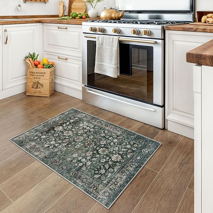 KUTA Vintage Floral Entryway Rug 2x3, Kitchen Rugs Non-Slip Washable Throw Rug, Dark Green Ultra Thin Soft Print Front Door Mat Indoor Doormat for Entrance, Bedside, or Small Spaces