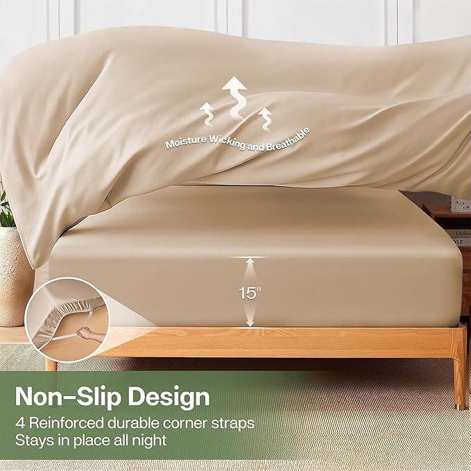 MR&HM Fitted Sheet & Pillowcase Set Queen, 3-Piece Blend Rayon Derived from Bamboo, Silky Soft & Breathable, 15" Deep Pocket with Elastic Straps, Cooling Sheets for Hot Sleepers, Beige