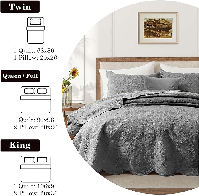 IR Imperial Rooms 10 Pack Queen Quilt Bedding Set (90" x 96") - Bulk Wholesale for Hotels, Guest Bedroom & Airbnbs - Lightweight Microfiber Reversible Floral Embossed Quilts Bedspreads (Grey)