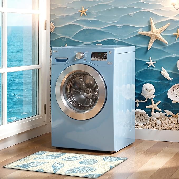 Kitchen Mats for Floor Cushioned Anti Fatigue Sets of 2 Beach Theme Kitchen Rugs Non Slip Waterproof Coastal Foam Kitchen Floor Rug Nautical Coral Seashell Comfort Standing Mat for Sink Laundry, Blue