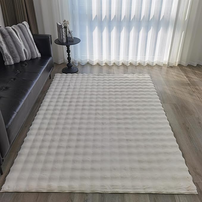 GLORY RUGS Area Rugs Bubble Soft Faux Rabbit Fur Rug 5x7 Polar Beige Plush Carpet Shag Cozy Fluffy Rug Non Slip Rugs, Machine Washable Shaggy Area Rug Bedroom Living Room and Dining Room.