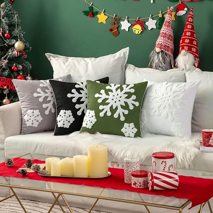 MIULEE Pack of 2 Christmas Decorative Snowflake Throw Pillow Covers Canvas Embroidery Winter Cushion Cases Holiday Decor Soft Pillowcases for Winter Couch Sofa Bedroom Car（Army Green, 20x20in）