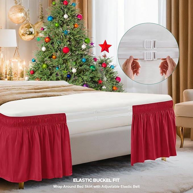 Biscaynebay Wrap Around Bed Skirts for Full & Full XL Beds 15" Drop, Red Adjustable Elastic Dust Ruffles Easy Fit Wrinkle & Fade Resistant Silky Luxurious Fabric Machine Washable