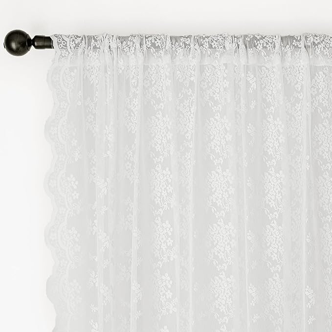 Anmao Vintage Lace Kitchen Curtains 24 Inches Long 2 Panels, Romantic Semi Sheer Floral Over Sink Lacy Cafe Curtain, Elegant Window Short Small Drapes, 55W x 24L, Pure White