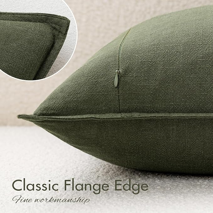 EMEMA Decorative Linen Throw Pillow Covers 24x24 Inch Dark Olive Green Boho Farmhouse Neutral Couch Throw Pillows for Bed Pack of 2 Accent Pillowcase Modern Sofa Cushion Livingroom Home