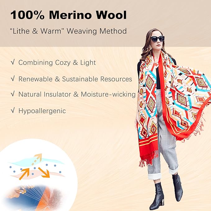 DANA XU 100% Merino Wool Pashmina Shawl for Women 96"x43", Oversized Cashmere Wrap with Tassels, Floral Travel Blanket Cape