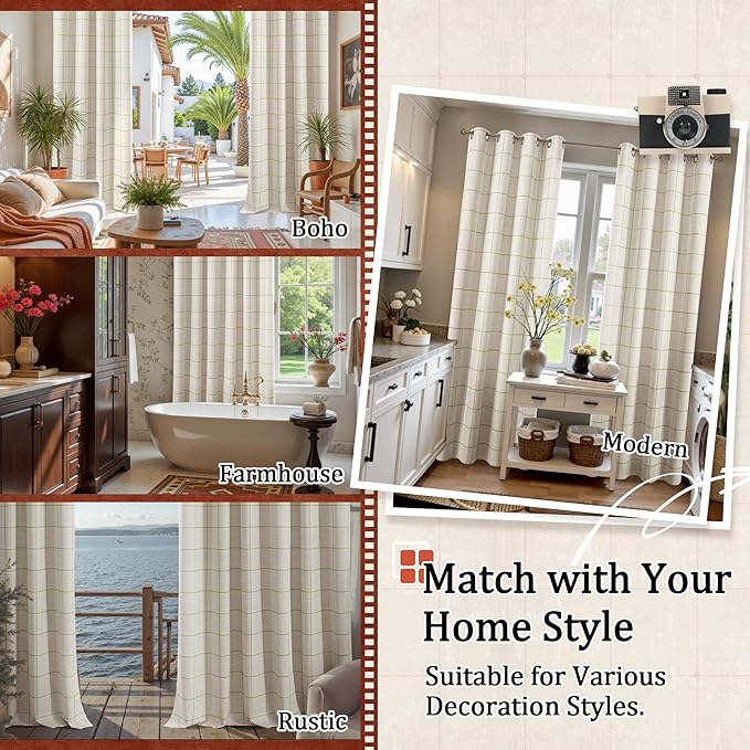 Sage Green Linen Blackout Curtains for Living Room - Boho Plaid Pattern Thermal Insulated Grommet Cottage Core Window Treatments Rustic Drapes for Farmhouse, 52x84 Inch 2 Panels