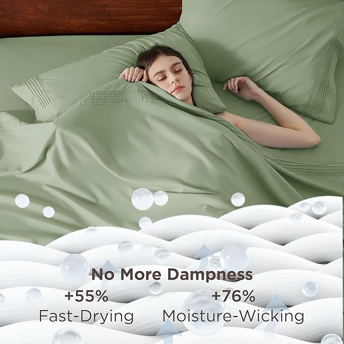 Bedsure Deep Pocket Queen Sheets Set - Fits Mattresses Up to 21 Inches Thick - 4 Piece GentleSoft Bed Sheets, Moisture Wicking, Soft & Cooling Bedsheet & Pillowcases, Easy & Secure Fit, Light Green