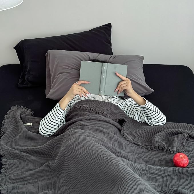 MorroMorn 100% Cotton Muslin Blanket with Fringes Twin Size 60"x80", 4-Layer Gauze Blankets for Adults, Boho Bedding Breathable Lightweight Ultra-Soft for Couch Bed All Seasons, Dark Grey