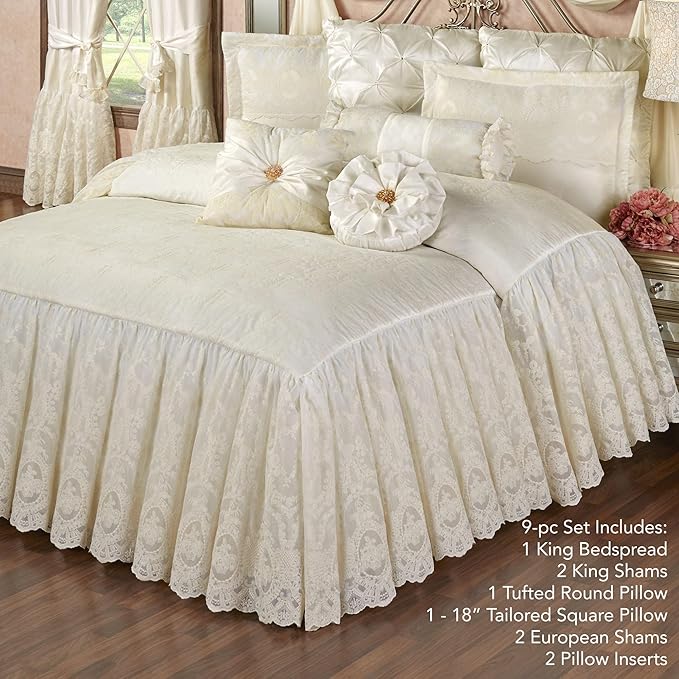 Cameo Lace Luxury Washable Polyester Bedding Set | Vintage | Pearl Scroll Leaf Quilting | Set of Nine: King Bedspread, 2 King Shams, 2 European Pillows and 2 European Shams, Square and Round Pillows