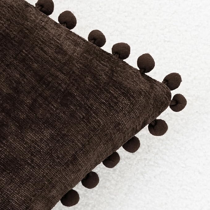 CaliTime Throw Pillow Covers Decorative 22 X 22 Inches Pack of 2 Cozy Solid Dyed Soft Chenille Cushion Cases with Pom Poms for Couch Sofa Bed Living Room Home Coffee