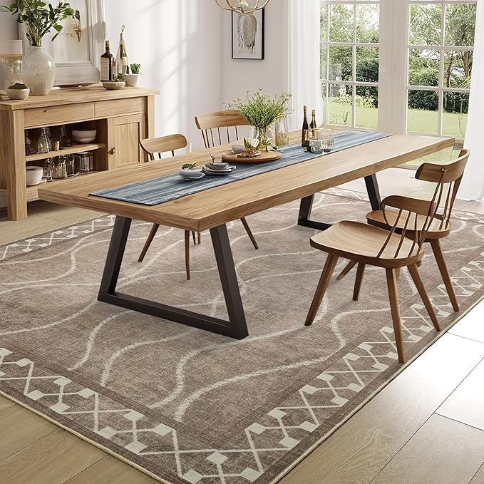 Area Rugs 6x9 Washable Rug, Non-Slip Rugs for Living Room, Low Pile Bordered Rugs Alfombras, Large Print Rubber Backing Indoor Carpet for Home Decor Bedroom Nursery Dining Room, Brown